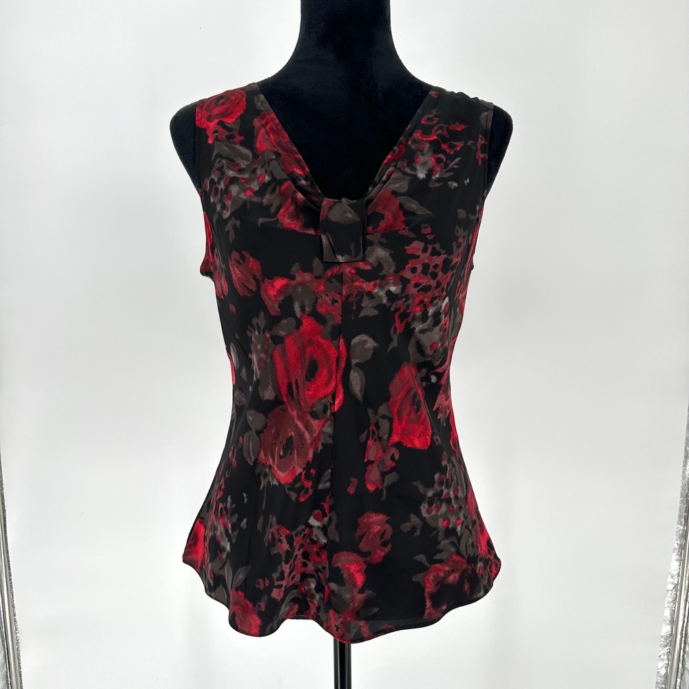 Talbots Red Rose 100% Silk V-Neck Sleeveless Blouse Top‎ Black Night Out Chic 8